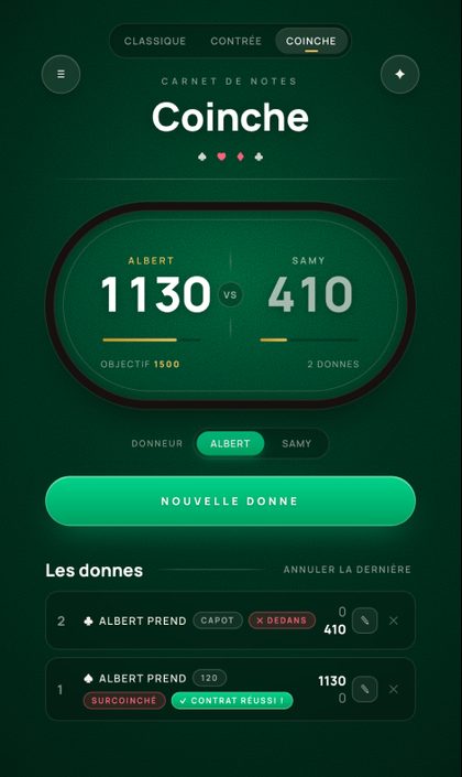 Écran Belote coinchée avec le score de la partie dans l'application Beloteur.fr