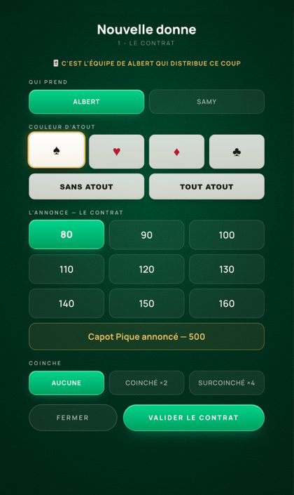 Écran de saisie du contrat dans l'application Beloteur.fr