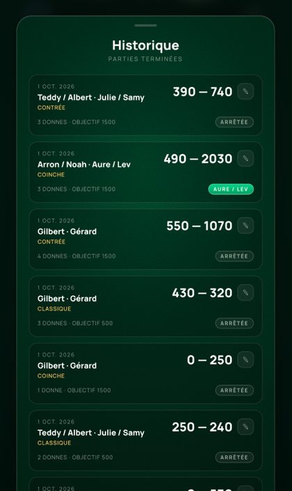 Écran de l'historique des parties terminées dans l'application Beloteur.fr